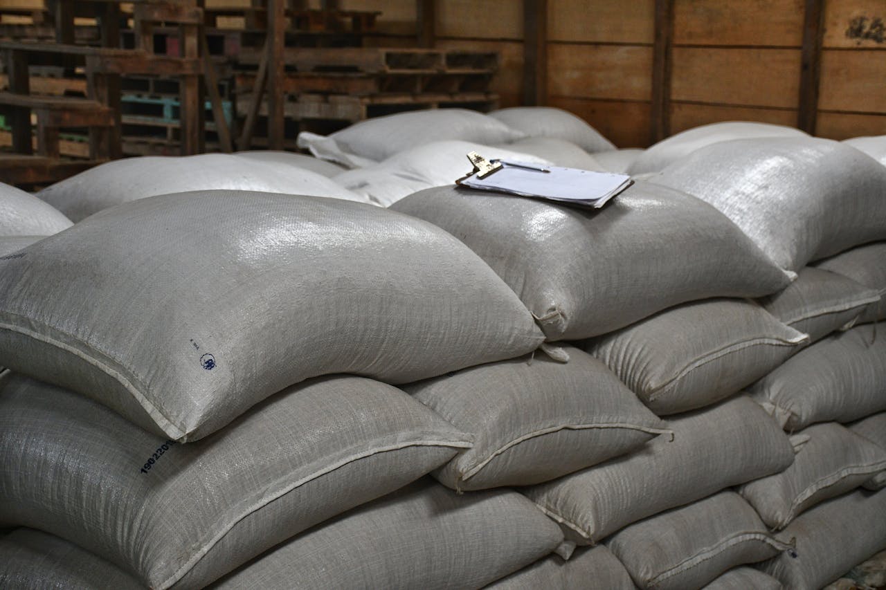 Warehouse with neatly stacked bags showcasing organized industrial storage.